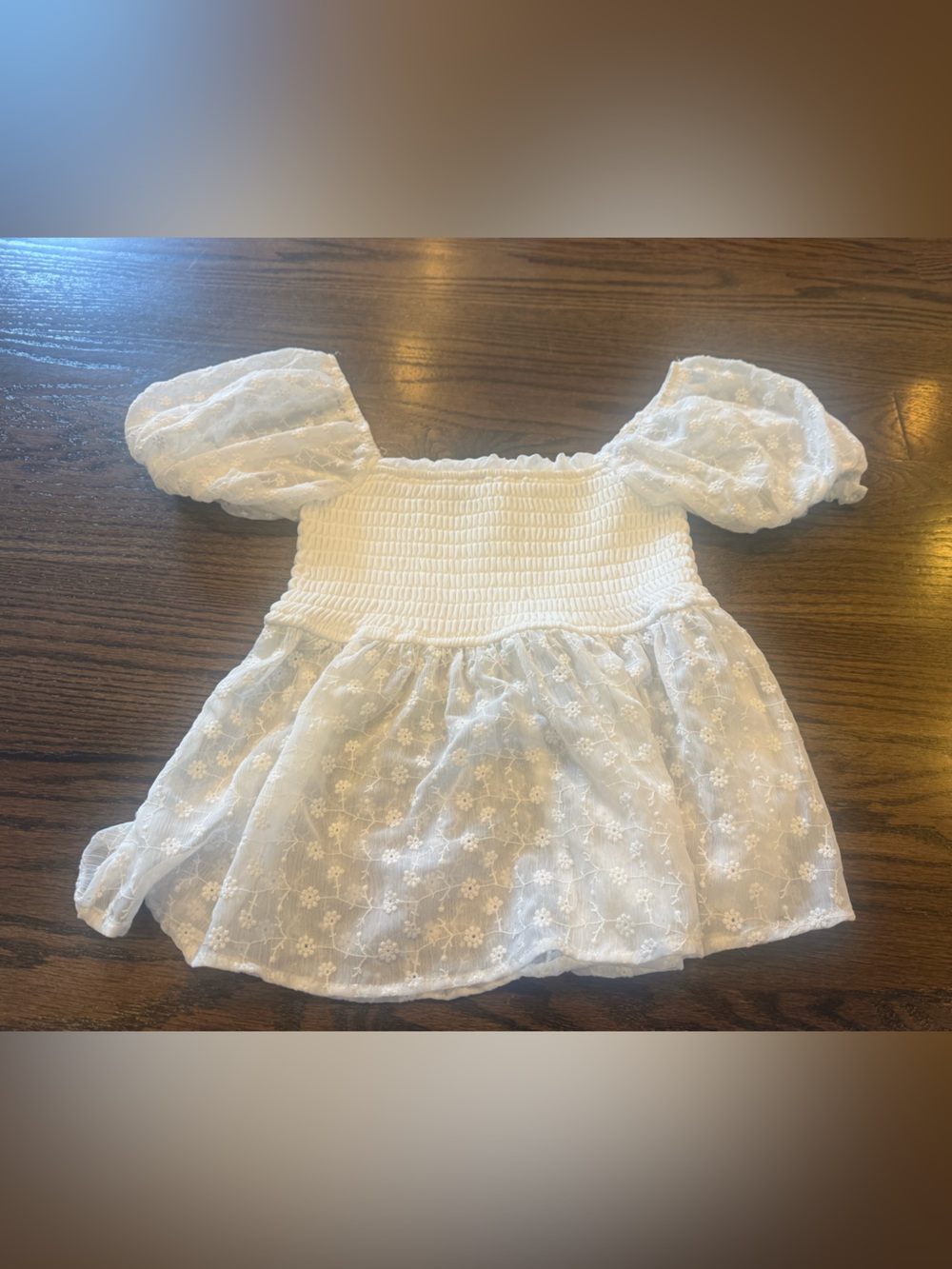 mi ami White Smocked Chiffon Top with Ruffled Trim